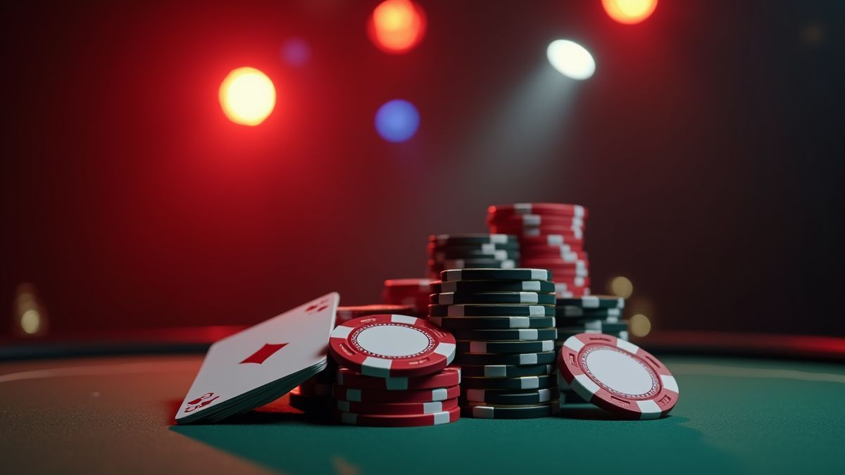 Pokertoken und Karten unter Casino-Lichtern.
