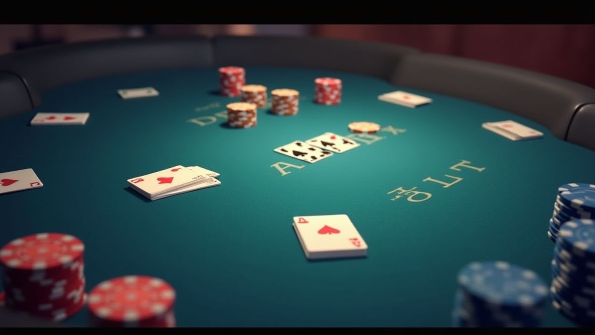 Mesa de pôquer animada com fichas e cartas.