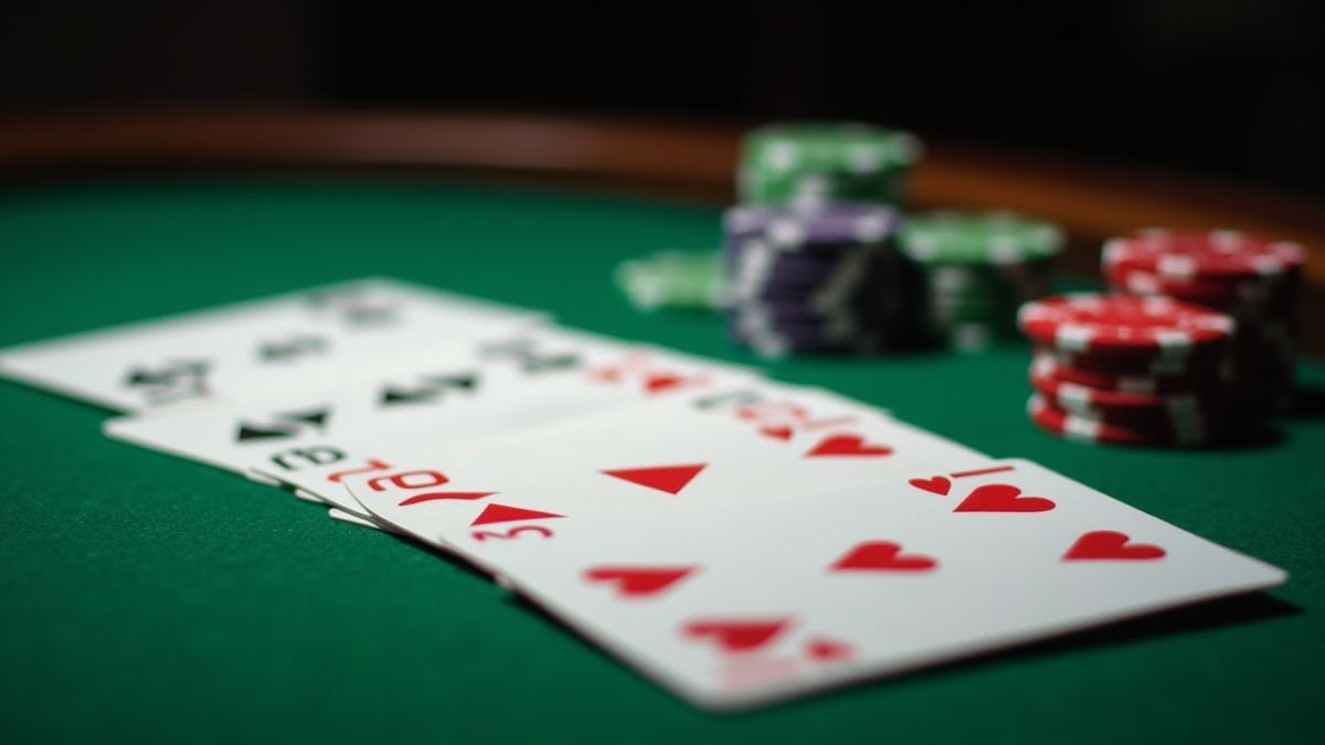 Cartes de poker et jetons sur une table de casino verte.