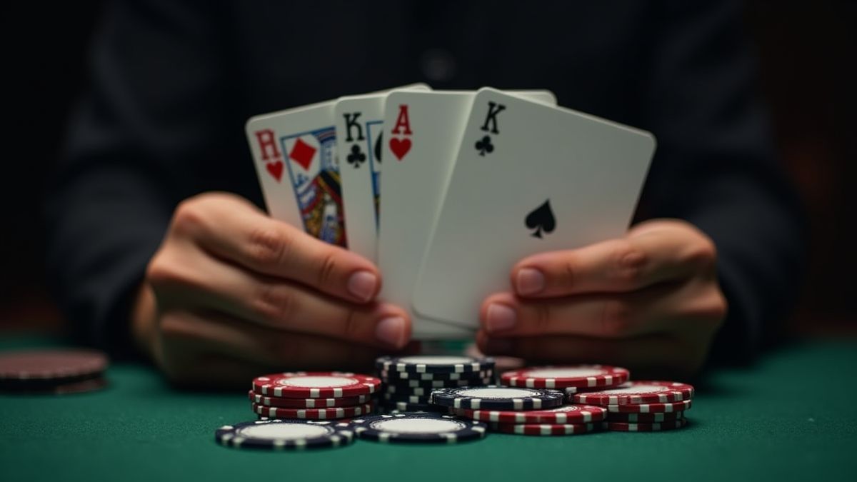 Joueur tenant des cartes de poker avec des jetons autour de lui.
