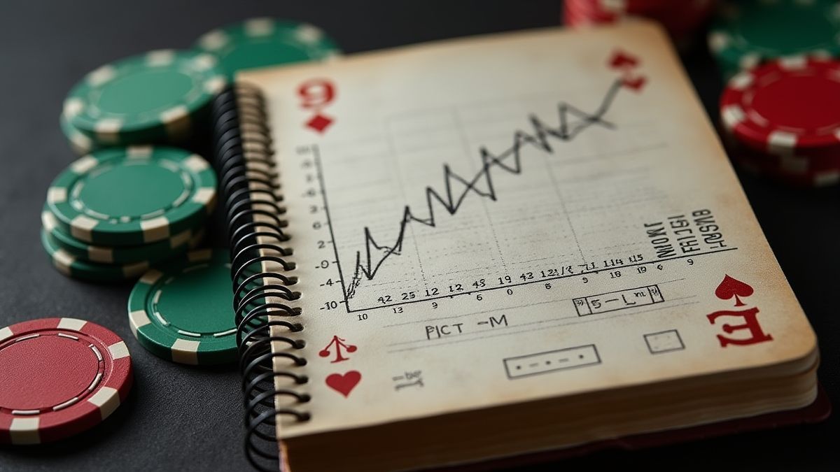 Cahier de stratégie de poker à côté de cartes et de jetons.