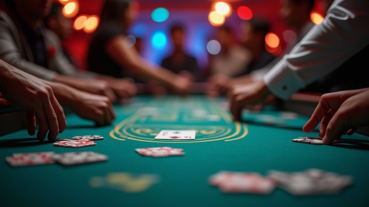 Mesa de póker dinámica con varias manos jugándose simultáneamente bajo luces de casino.