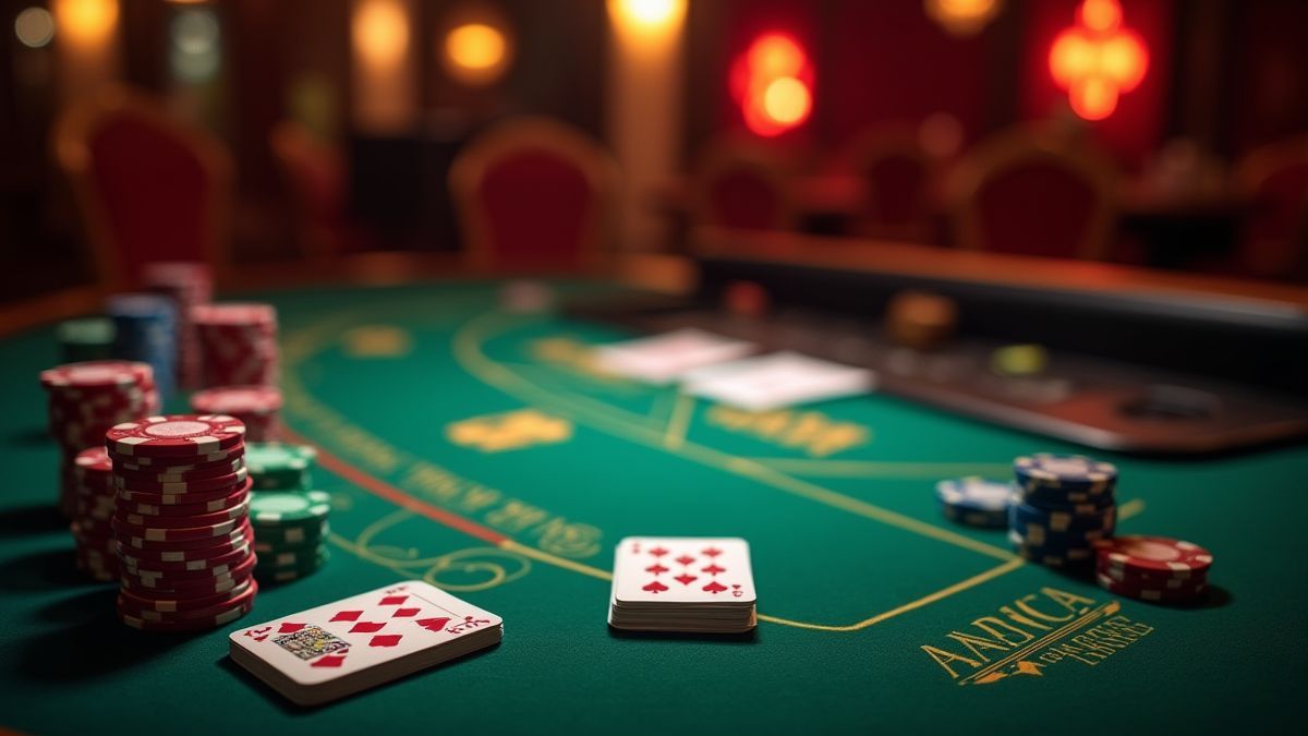 Mesa de póker elegante con fichas y cartas en un casino sofisticado.