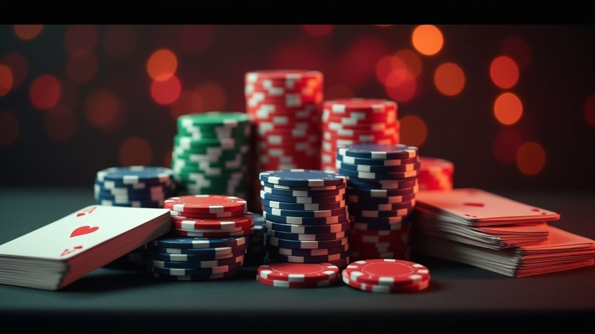 Fichas de póker y cartas brillantes simbolizando grandes ganancias.