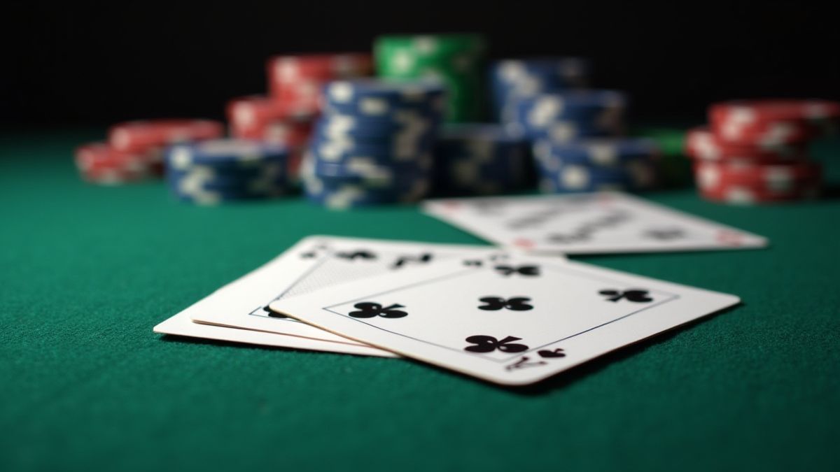 Mesa de póker con tres manos de cartas y fichas ordenadas.