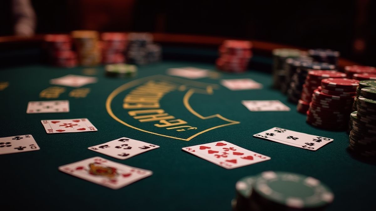 Table de poker avec cartes et jetons dans un environnement élégant.