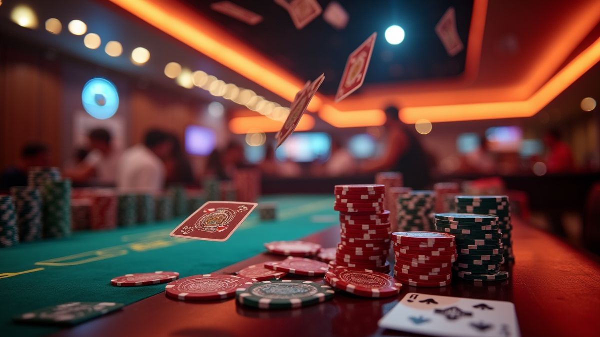 Un casino animado con cartas flotando y fichas apiladas en mesas.