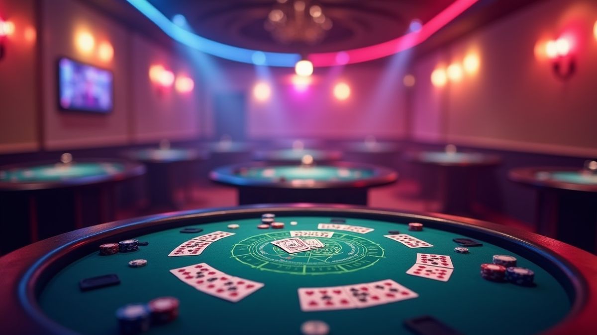 Animated casino room with poker tables and cards under colorful lights.