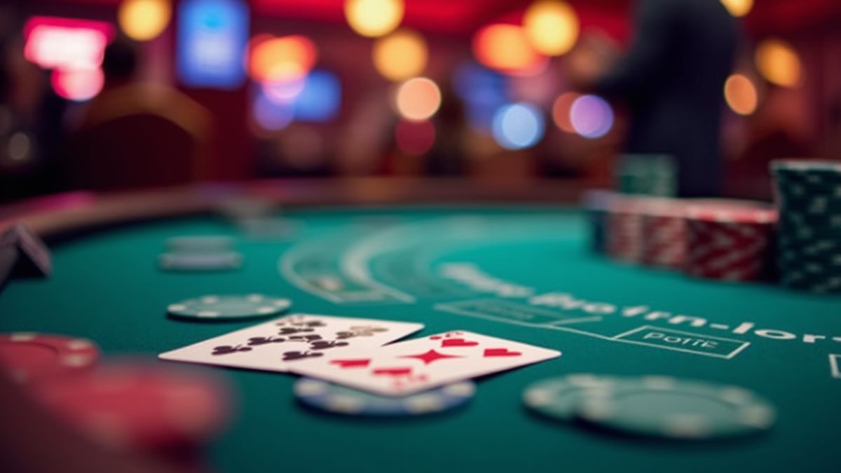 Pokertisch mit Karten und Chips in einem lebhaften Casino.