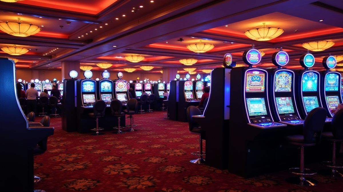 Casino-Boden mit hellen Lichtern und Spielern, die Spaß haben.