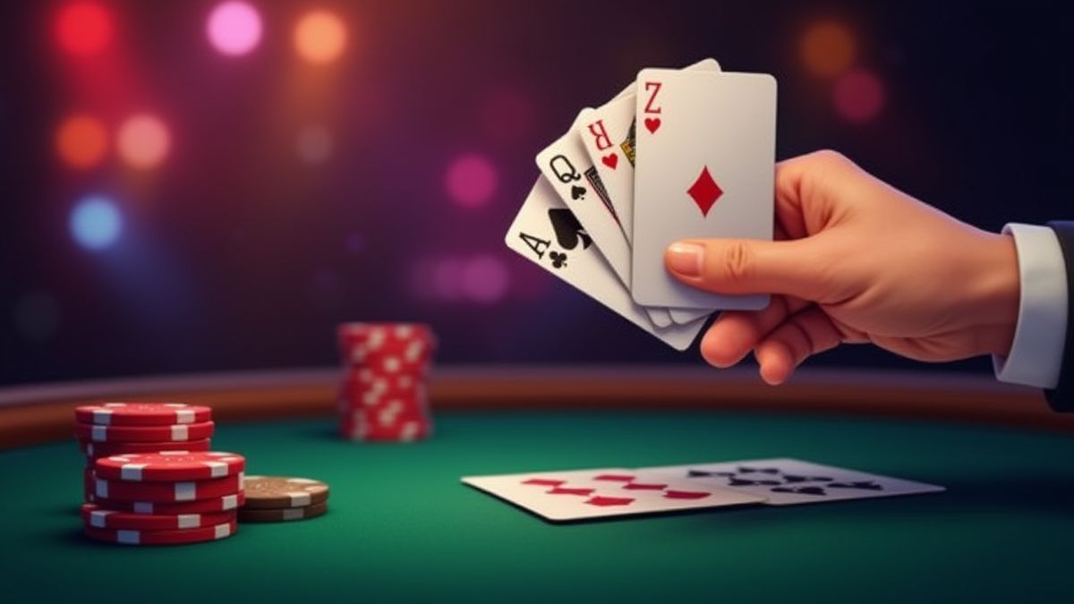 Mão segurando cartas de pôker com fichas e fundo de cassino.