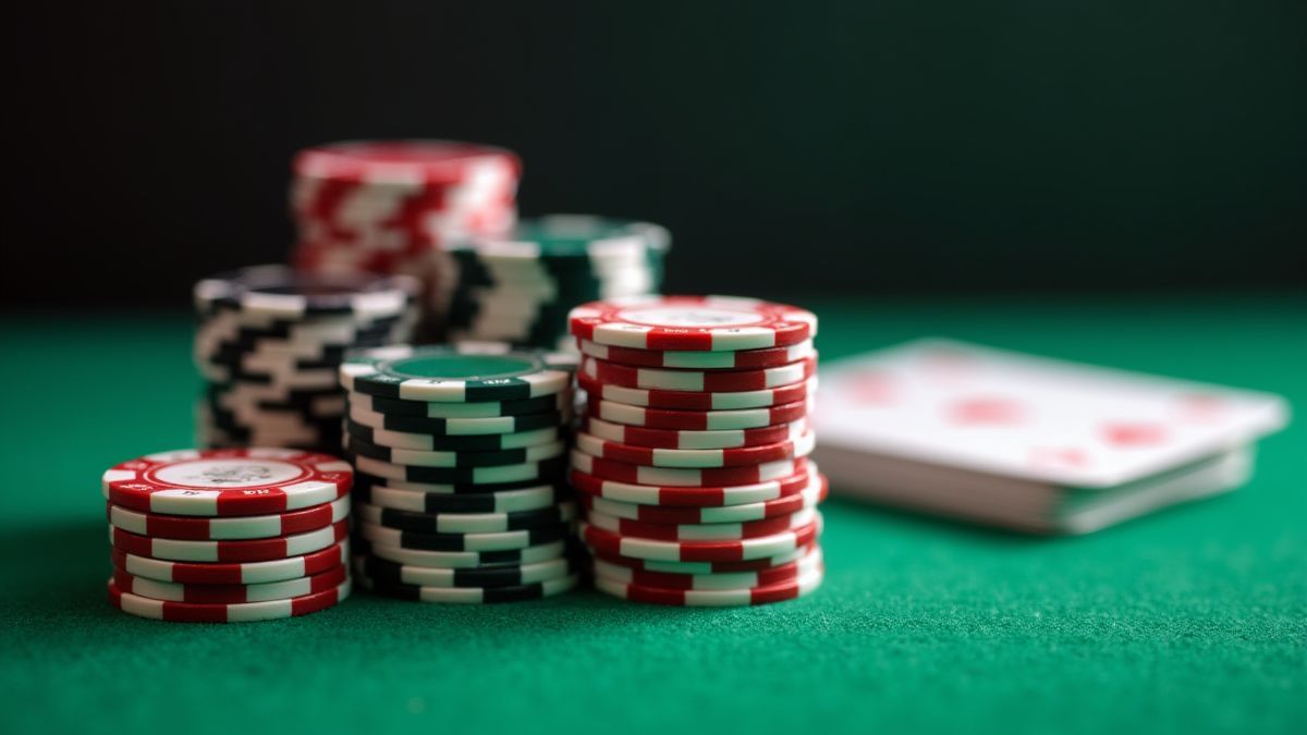 Fichas empilhadas ao lado de cartas em uma mesa de pôker verde.