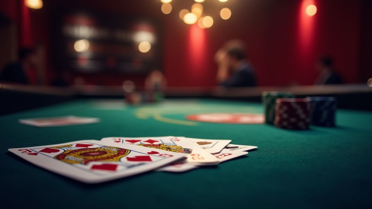 Mesa de pôker com cartas e fichas sob luz suave de cassino.