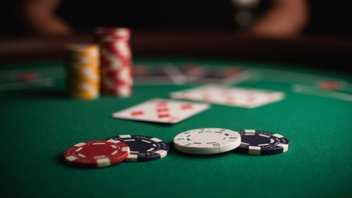 Vista próxima de fichas de pôquer e cartas em uma mesa verde de luxo.