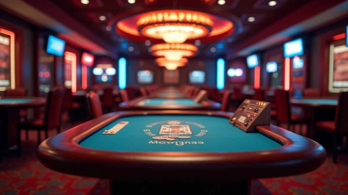 Cenário de cassino tranquilo com luzes brilhantes e uma mesa de pôquer central.