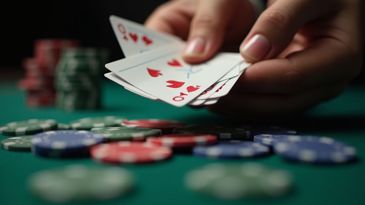 Poker cards in a player's hand with chips on the table.