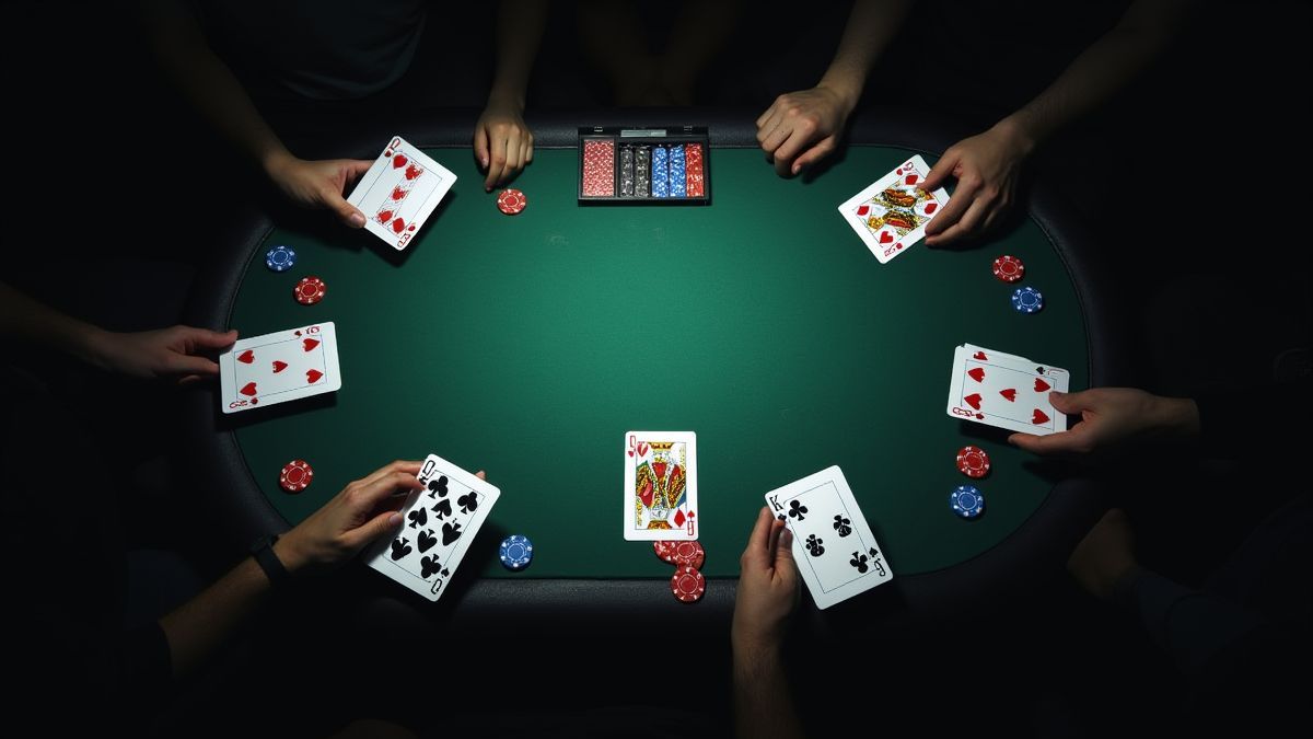 Mesa de póker con varias manos de cartas y fichas.