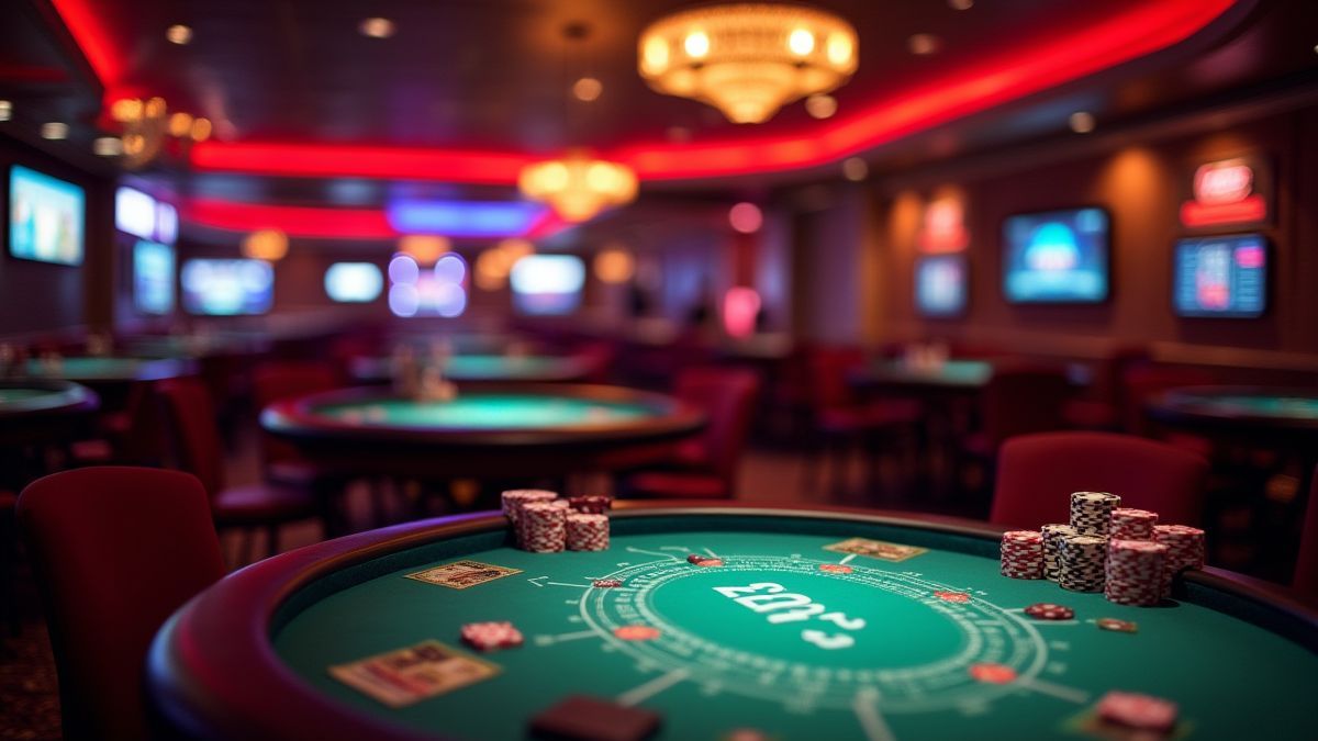 Casino lujoso con mesas de póker y luces vibrantes.