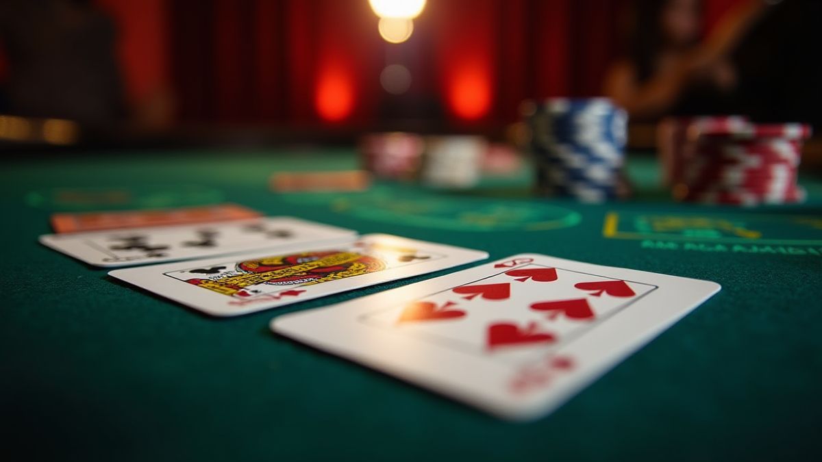 Casino Tisch mit Pokerkarten und Chips strategisch angeordnet