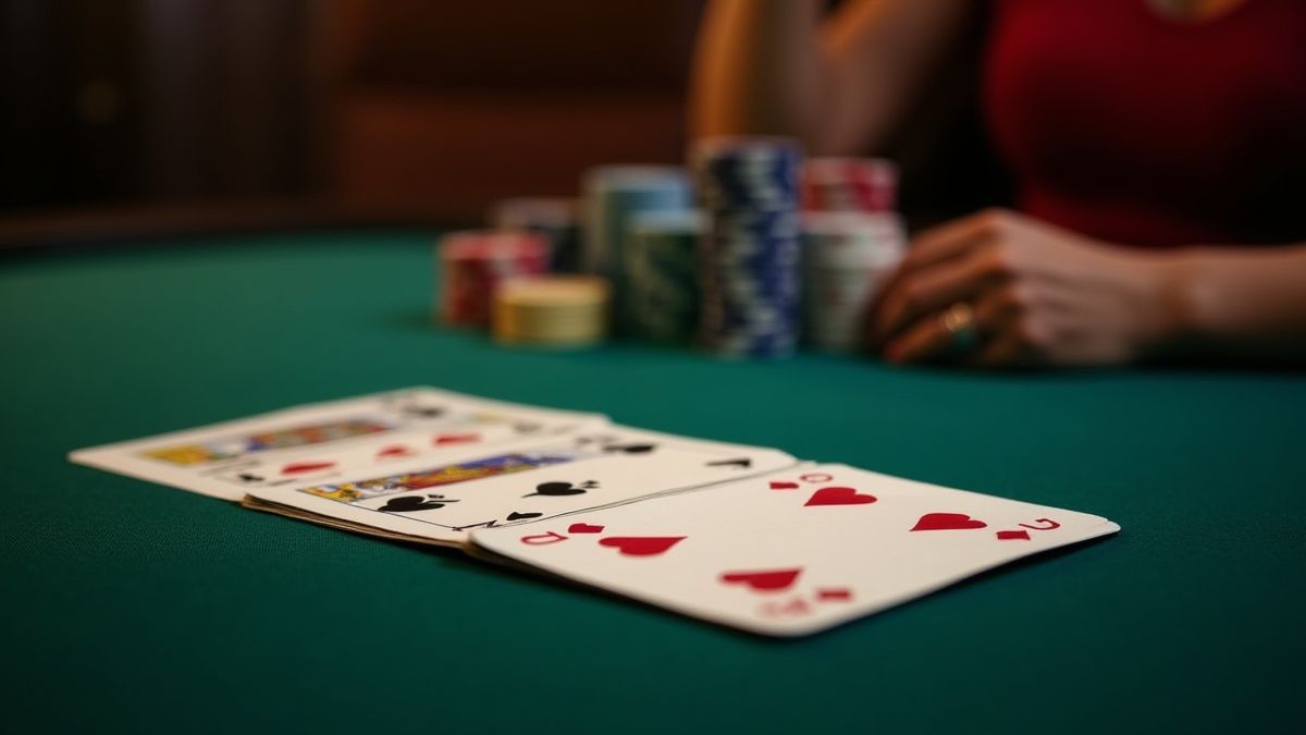 Klassische Pokertisch-Umgebung mit Karten und Chips unter sanfter Beleuchtung