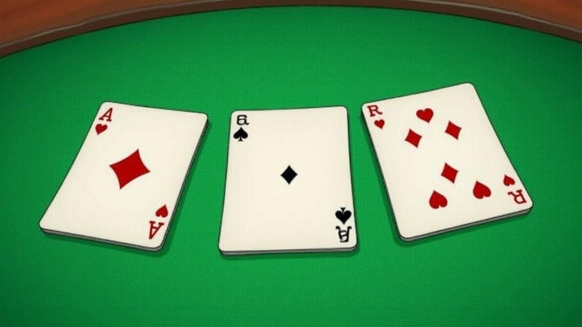 Three hands of poker cards on a green table