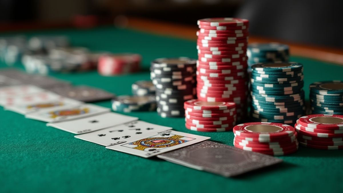 Poker chips stacked next to cards on a felt table