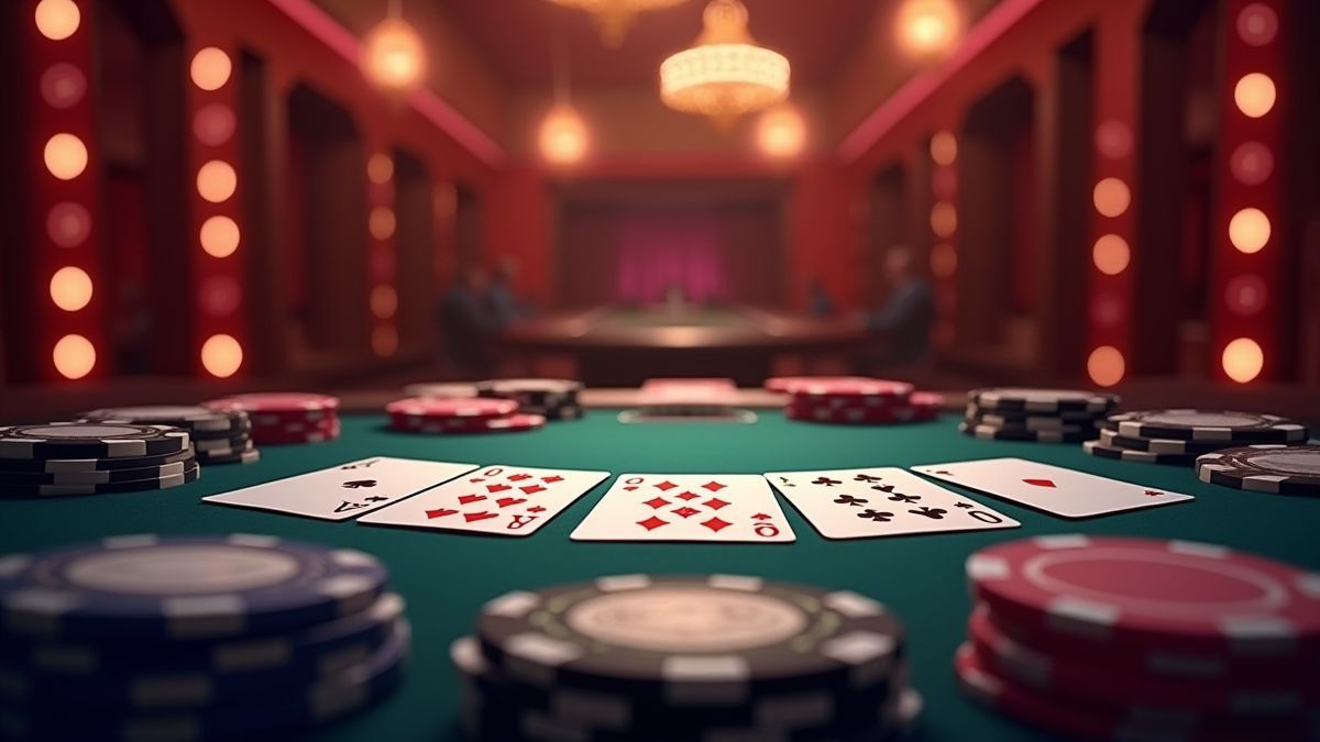 Mesa de poker con 10 manos de cartas y fichas brillantes.