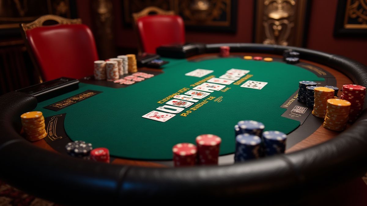 Poker Tisch in einem Casino mit Chips und Karten.