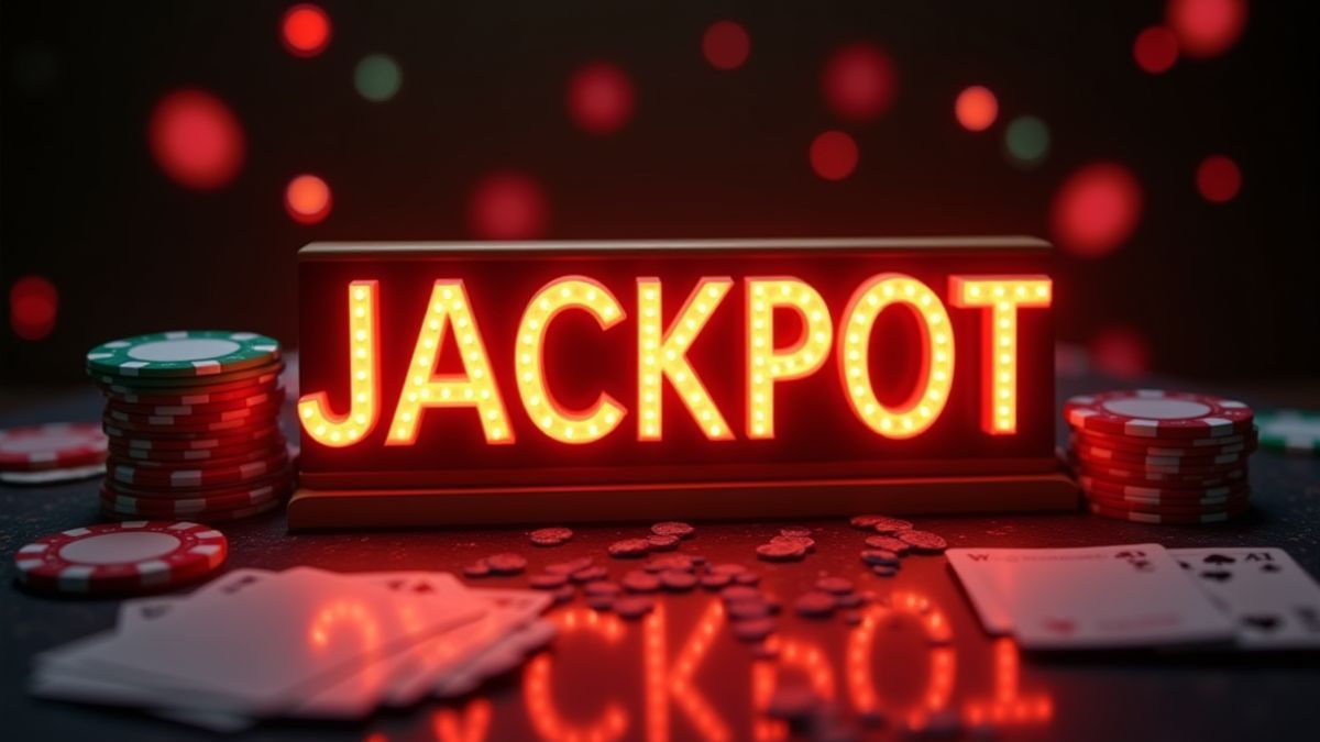 Leuchtendes Jackpot-Schild umgeben von Chips und Karten.