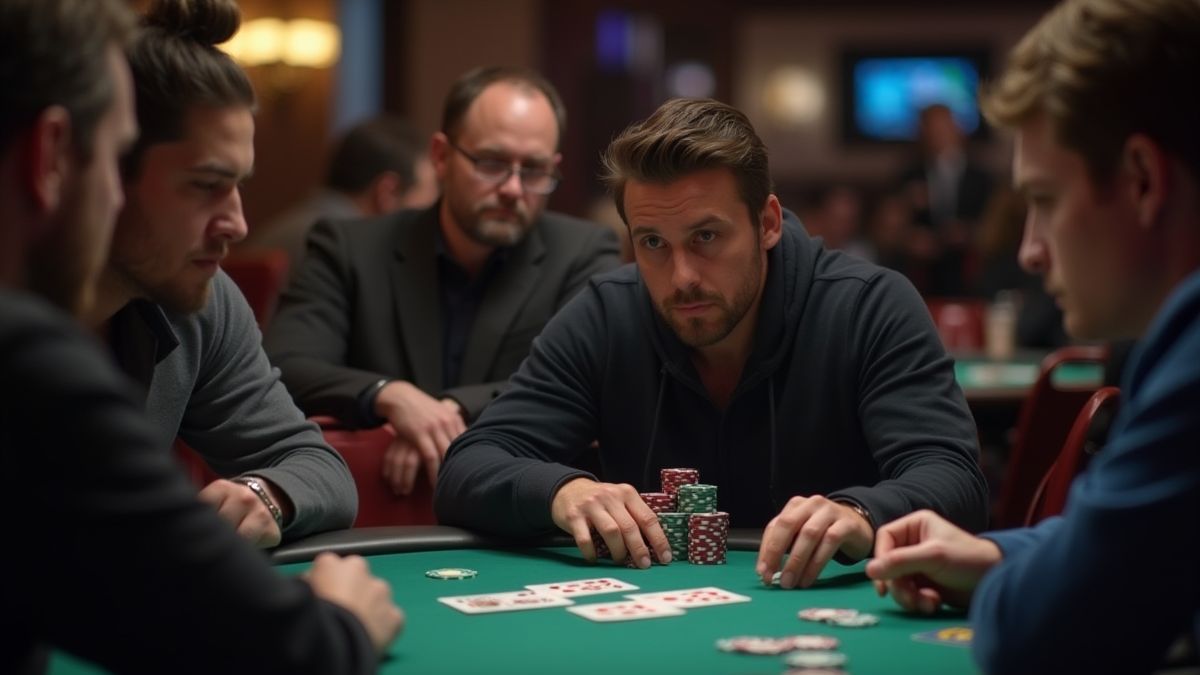 Poker Spieler plant seine Strategie an einem Tisch mit Karten und Chips.