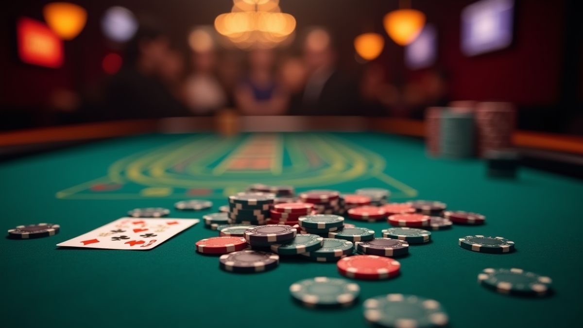 Table de poker avec des jetons et des cartes dans un environnement de casino.