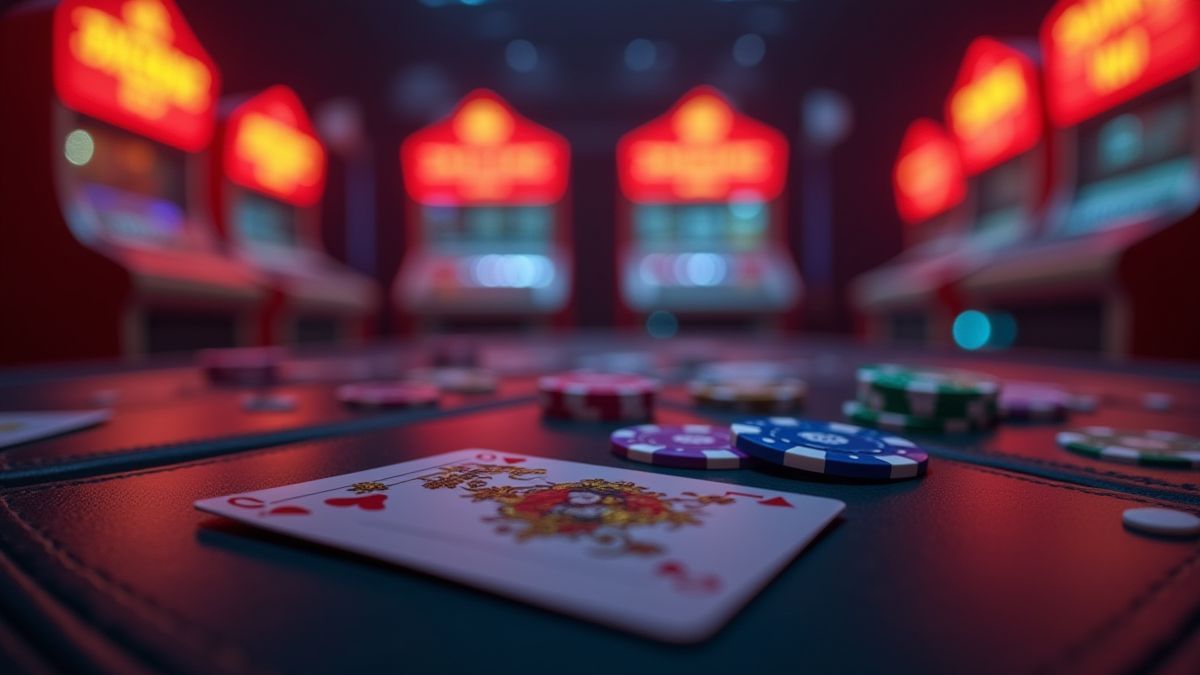 Environnement de casino animé avec des jetons de poker et des panneaux de jackpot.
