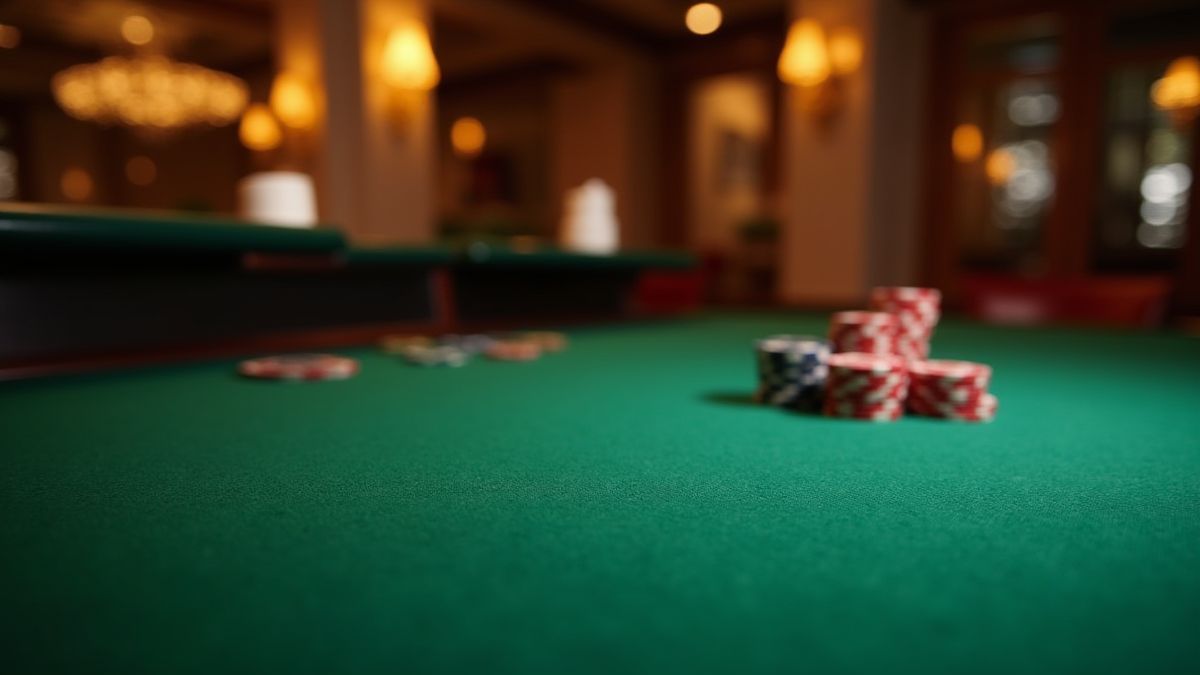 Table de blackjack avec jetons et cartes dans un environnement de casino élégant.
