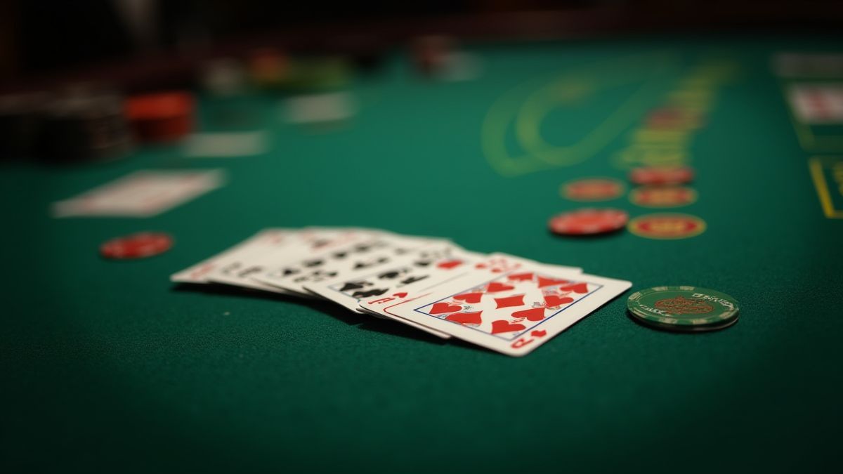 Plusieurs mains de blackjack jouées simultanément sur une table verte.