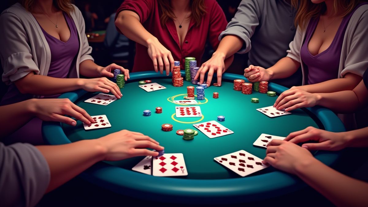 Table de poker vibrante avec cartes et jetons entourée de joueurs dans un casino.