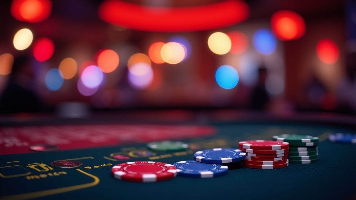 Scène de casino avec lumières brillantes et jetons de poker sur une table.