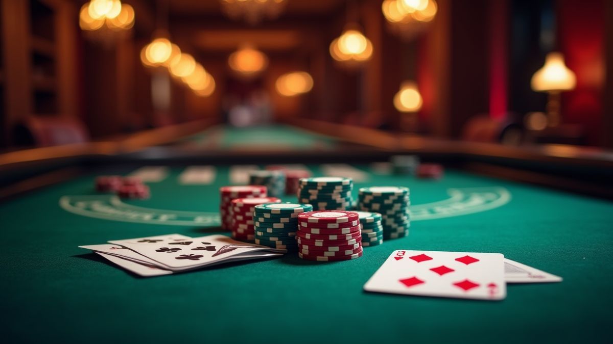 Mesa de póker con fichas y cartas en un casino.