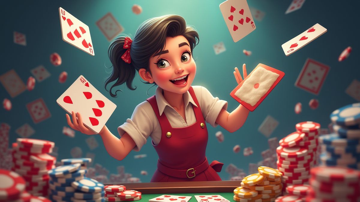 Personaje animado jugando con cartas y fichas.