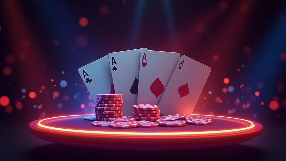 Interfaz de casino elegante com cartas de pôquer vibrantes e uma mesa brilhante.