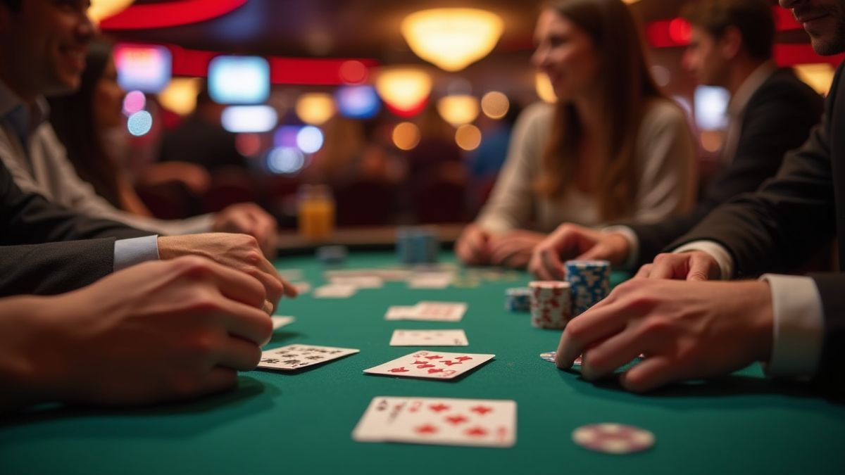 Spieler planen Strategien an einem lebhaften Pokertisch.