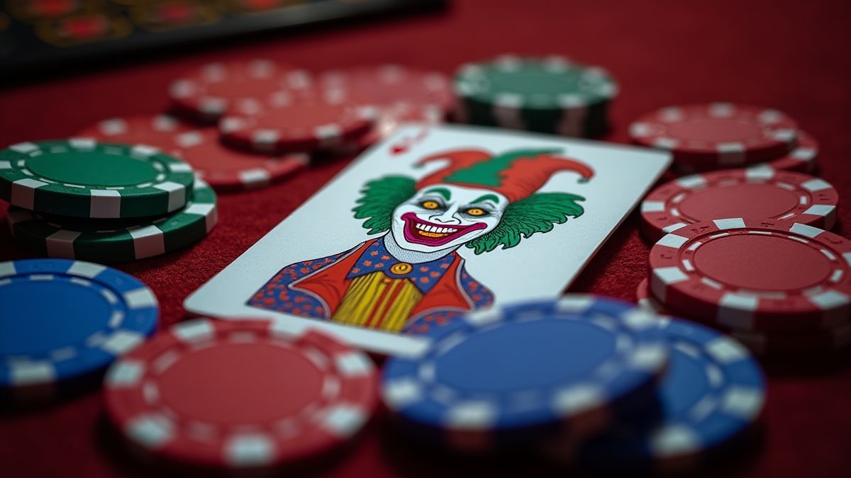 Joker-Karte umgeben von leuchtenden Poker-Chips.