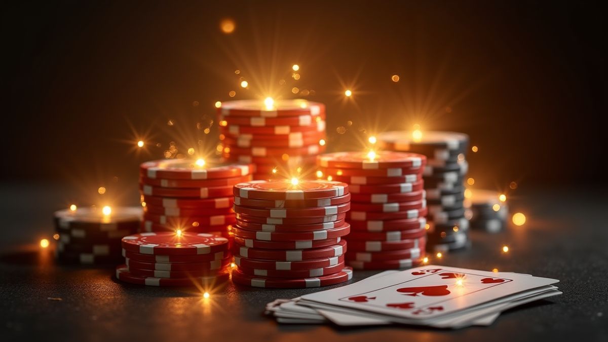 Stapel von Poker-Chips und Karten mit einem Glücksstrahl.