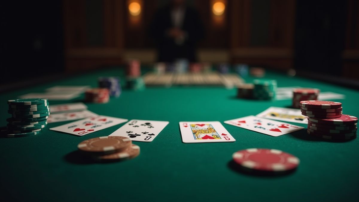 Mesa de póker con fichas y cartas.