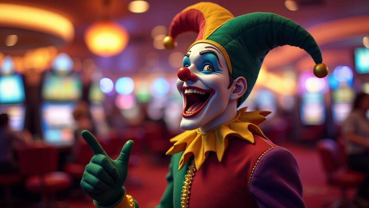Bufón divertido en un casino animado.