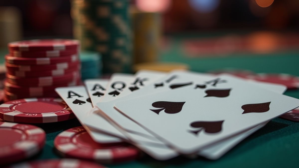 Cartas e fichas de pôquer em um ambiente de cassino.
