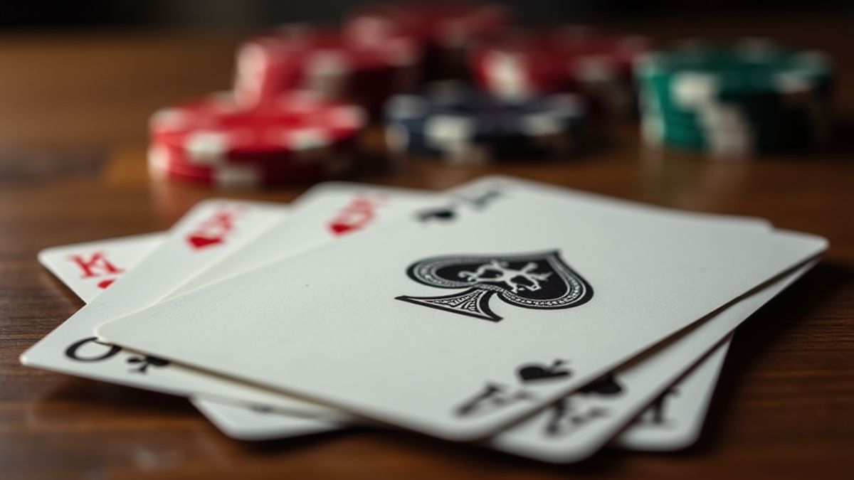 Cartas de pôquer e fichas em uma mesa de madeira