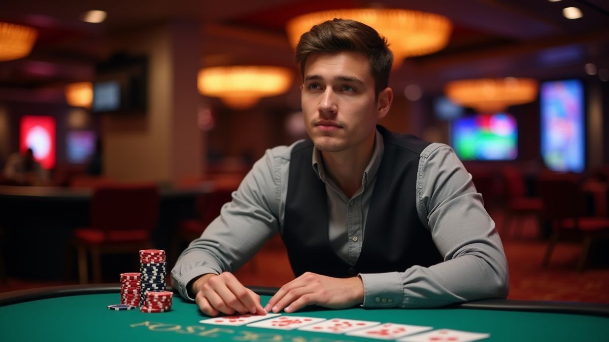 Principiante em uma mesa de cassino com cartas e fichas