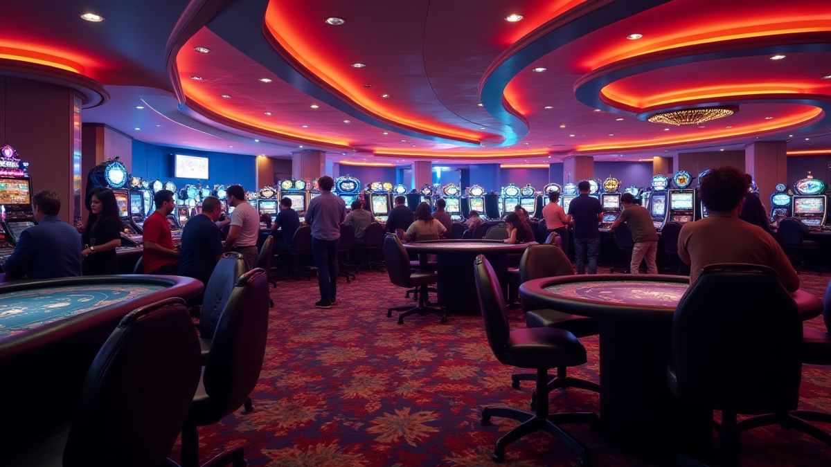 Sala de cassino com iluminação vibrante e mesas de pôquer