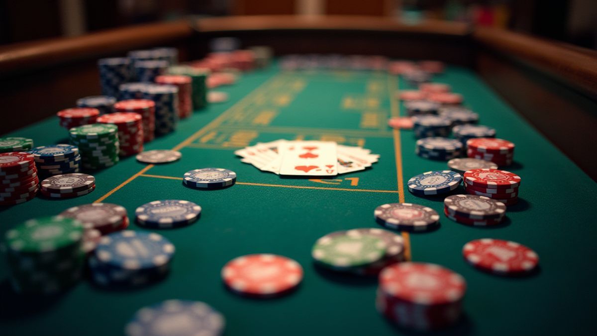 Casino-Tisch mit verstreuten Pokerkarten und Chips.