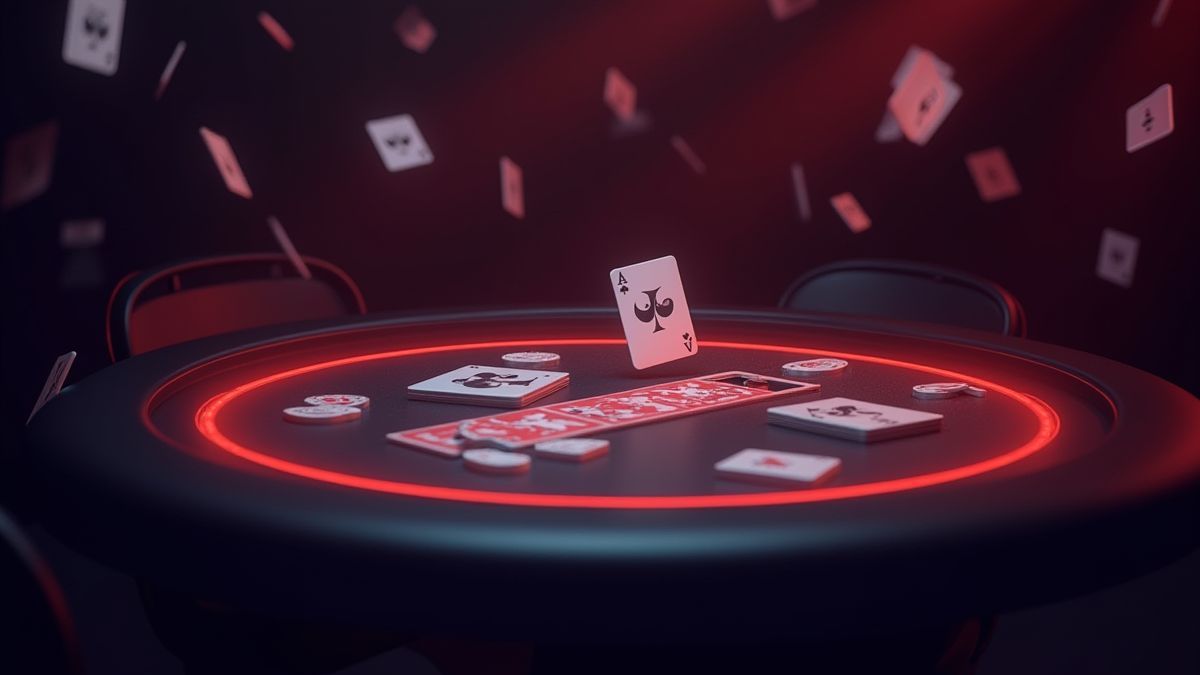 Moderne Pokerszene mit leuchtendem Tisch und animierten Karten.